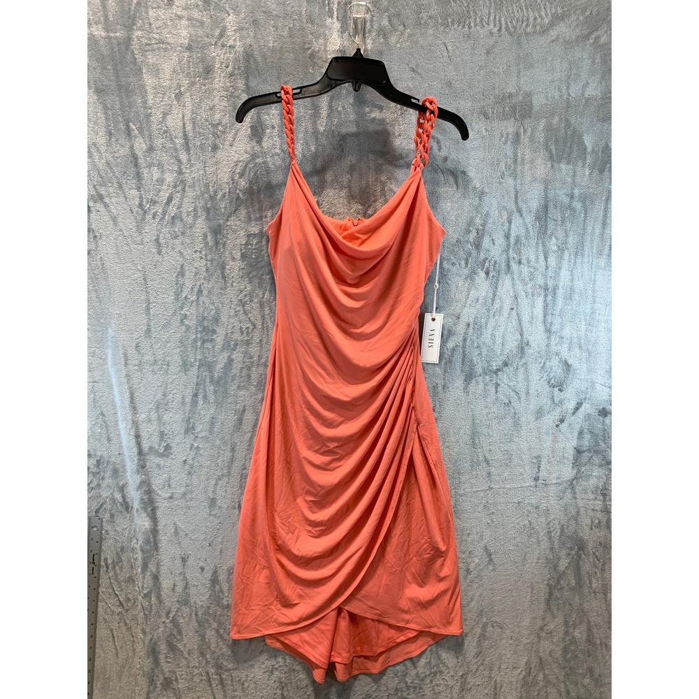 Siena Women Coral Cowl Neck Mini Dress Chain Straps Ruched SATP1125 Size 8